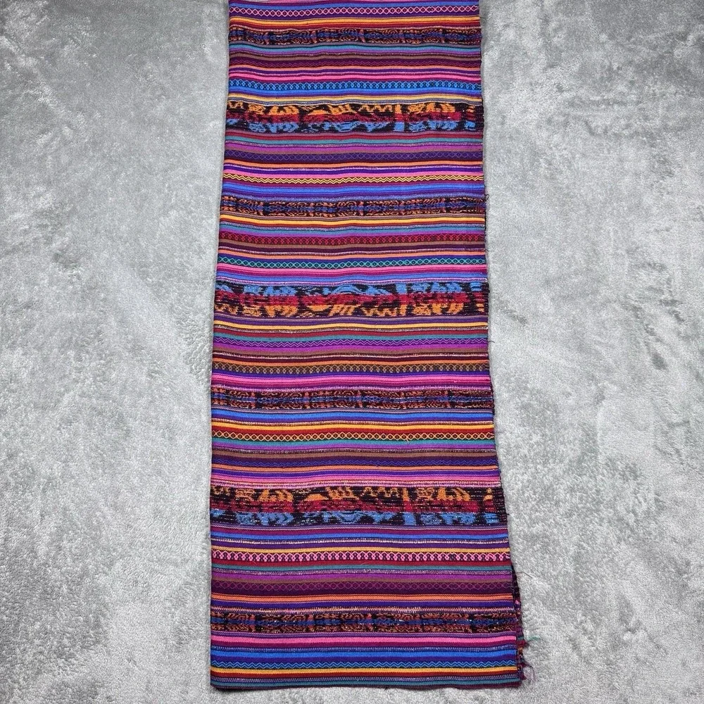 Vintage Guatemalan Hand Woven Textile Runner Multicolor Stripe Boho Fabric 80x34